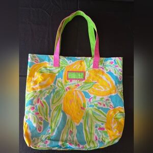 Lilly Pulitzer for Estee Lauder Floral Open Tote Bag Pink Lining 14" x 16" x 4"